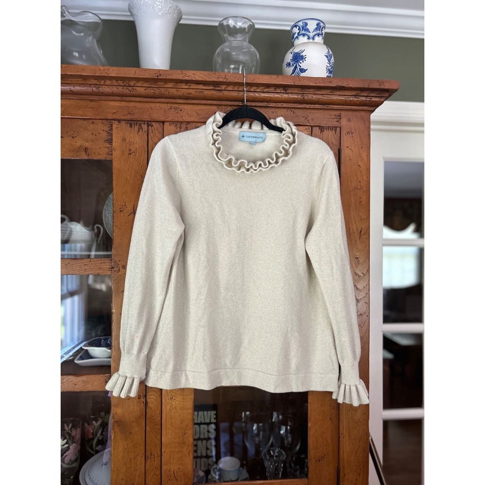 Tuckernuck Ruffle Mock Neck Sweater Large Ivory Wool Cashmere Metallic Gold